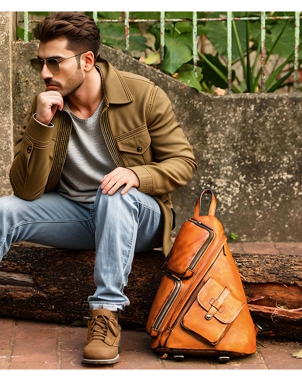 Handmade Genuine Leather Sling Bag, Convertible Shoulder Strap Vintage Crossbody Backpack for Travel Hiking