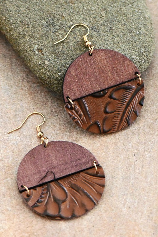 Boho brown leather and wood earring set