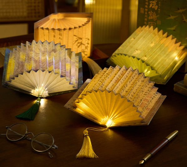Traditional Chinese Fan-Shaped Book Lamp with Colored Glass Beads & Calligraphy Art - Handcrafted Vintage Desk Decor, Antique DIY Lighting for Home/Office