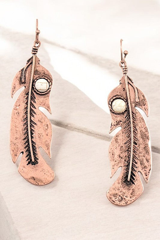 Worn bronze feather with stone earring *