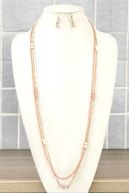 Coral 3 strands beaded layered necklace with earrings