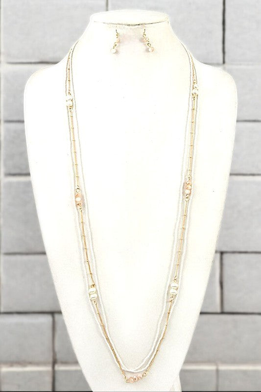 Ivory 3 strands beaded layered necklace with earrings