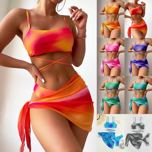 Women's 3 Piece Gradient Tie Dye Bathing Suit Lace Up High Cut Bikini with Beach Skirt