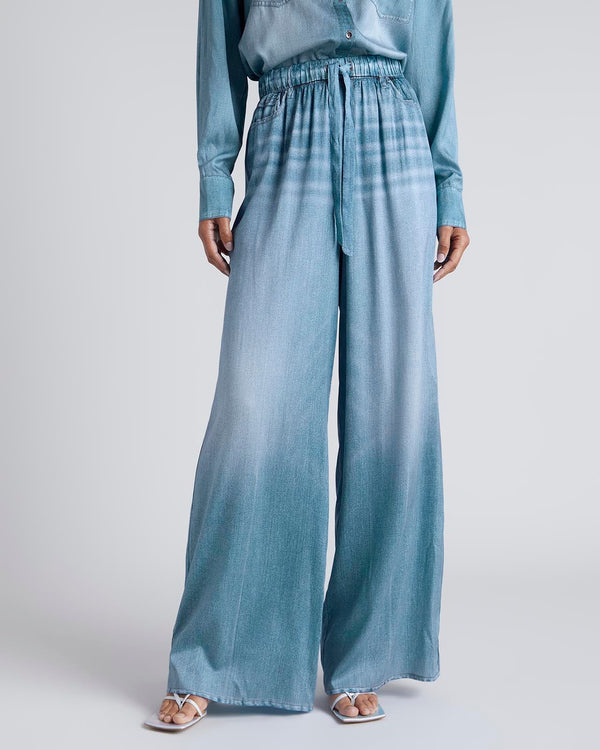 Silk Wide Leg Denim-Print Pant