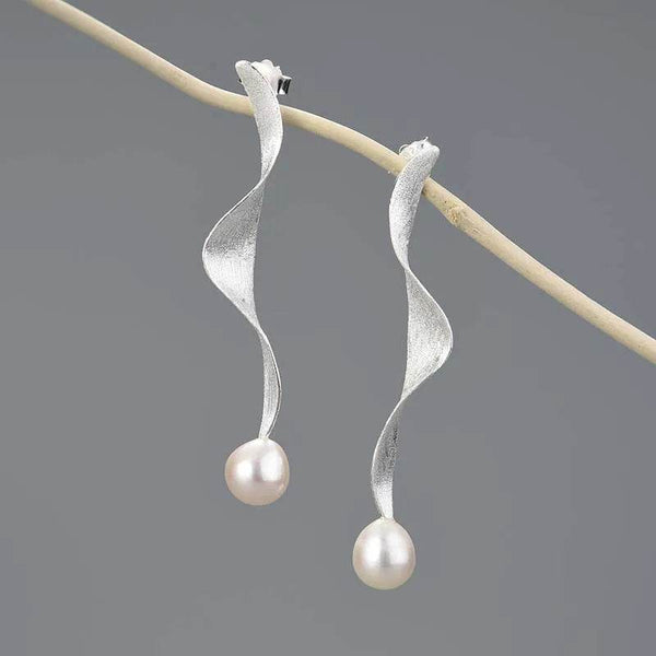 Natural Pearl 18K Gold Long Wave Twisted Dangle Earrings For Women Real 925 Sterling Silver Fashion Luxury Jewelry