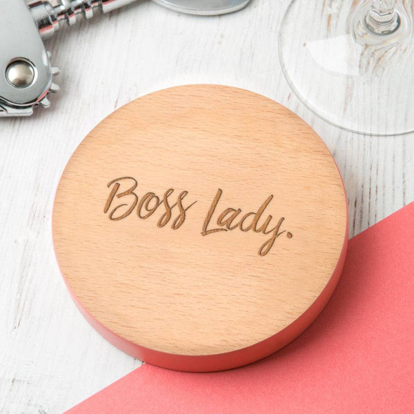 'Boss Lady' Coloured Edge Wooden Coaster