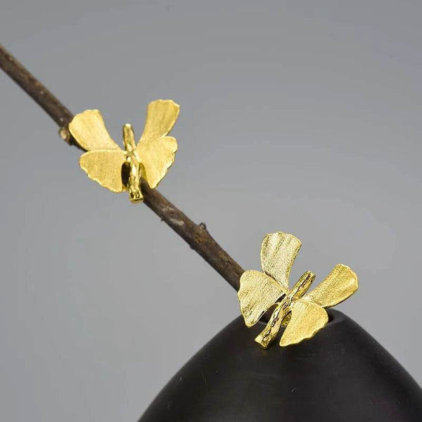 18K Gold Elegant Unusual Ginkgo Leaf Butterfly Stud Earrings for Women Real 925 Sterling Silver Original Fine Jewelry