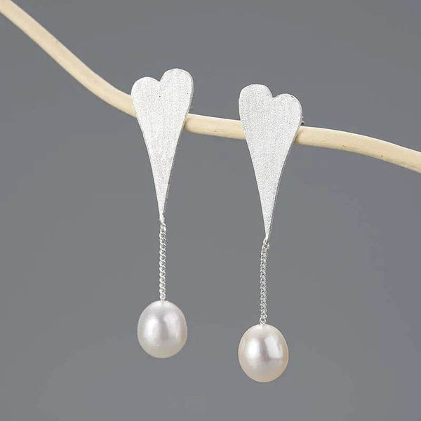 Real 925 Sterling Silver Natural Pearl Original Handmade Fine Jewelry Love Heart Water Drop Drop Earrings for Women
