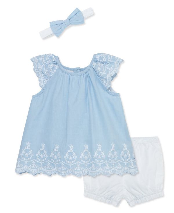 Blue Eyelet Woven Short Set & Headband