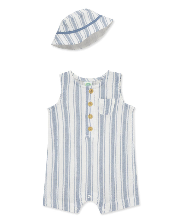 Striped Gauze Romper & Hat Set