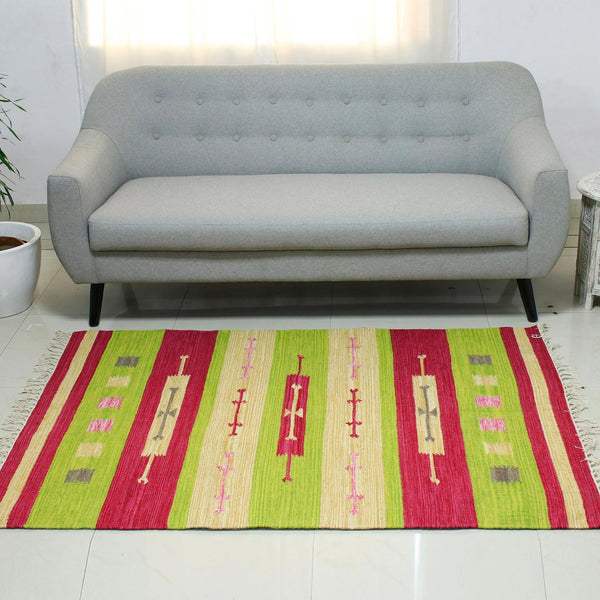 Cherry Lime Geometry Wool dhurrie rug (4x6)