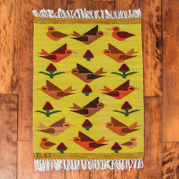 Birds on the Wing Peruvian Handwoven Yellow Wool Rug with Birds