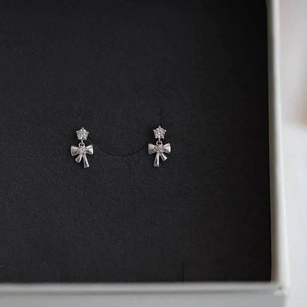 925 Sterling Silver Korean Cute Bow Pendant Zircon Earrings for Women Exquisite Wedding Party Jewelry Gift