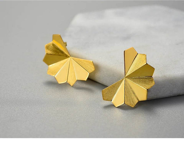 18K Gold Oriental Element Big Folding Fan Design Stud Earrings for Women Gift Real 925 Sterling Silver Fashion Jewelry