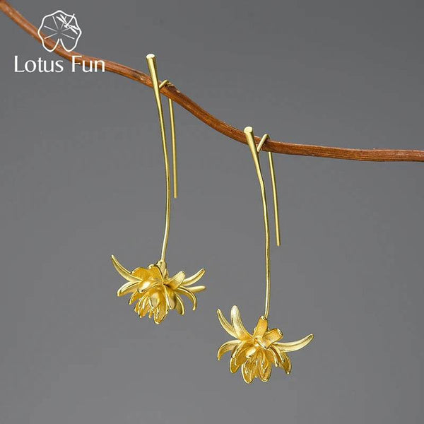 Lotus Fun 18K Gold Night-Blooming Cereus Flower Long Dangle Earrings for Women 925 Sterling Silver Original Luxury Fine Jewelry