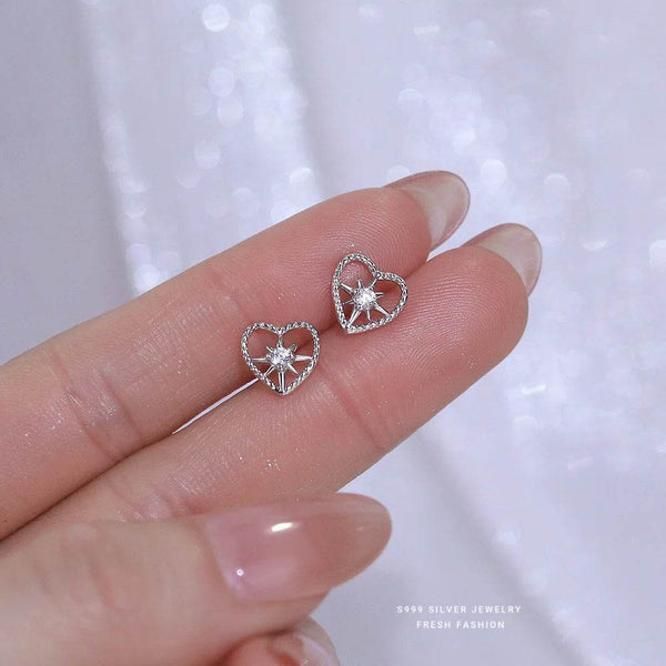 Shiny Zircon Star Hollow Heart Earrings Women S999 Sterling Silver Korean Style Luxury Versatile Sweet Ear Jewelry