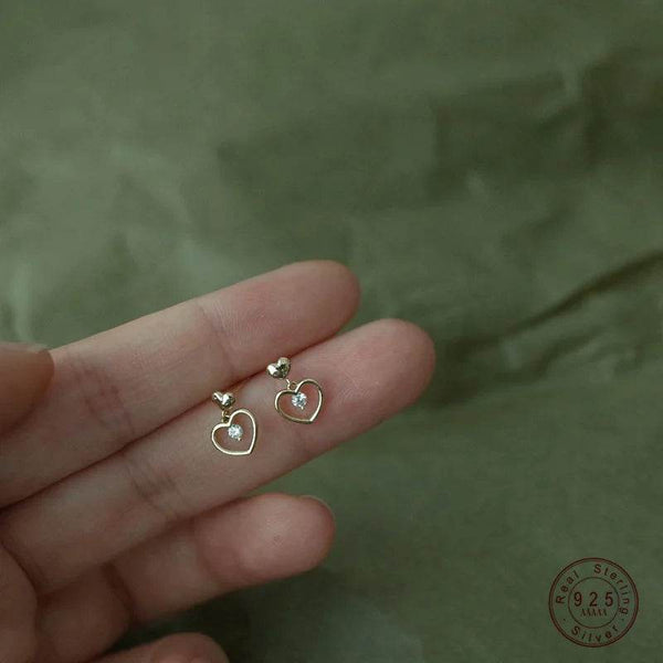 S925 Sterling Silver 14K Gold Plated Mini Heart Ear Studs Micro-Paved Zircon Stones Trendy Versatile Fresh Style Earrings