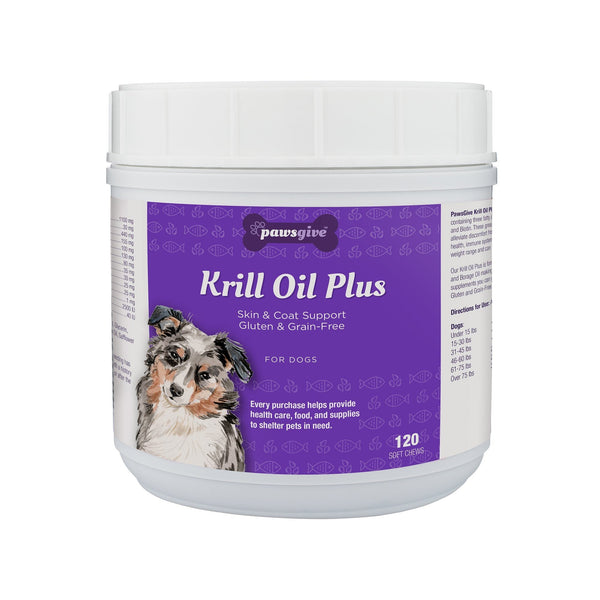 PawsGive Krill Oil Plus Omega 3-6-9 Skin and Coat Chews for Dogs, 120 Soft Chews