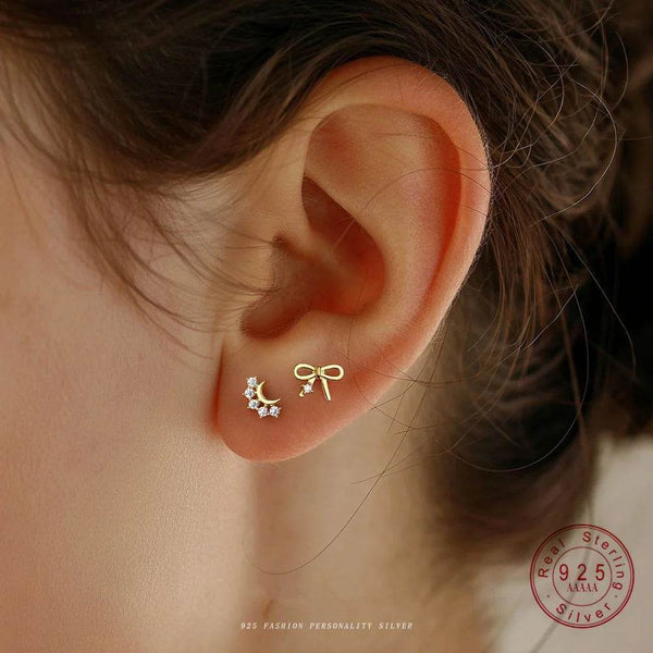 925 Sterling Silver Stud Earrings Charm Jewelry - Star Moon Bow -  eh3472