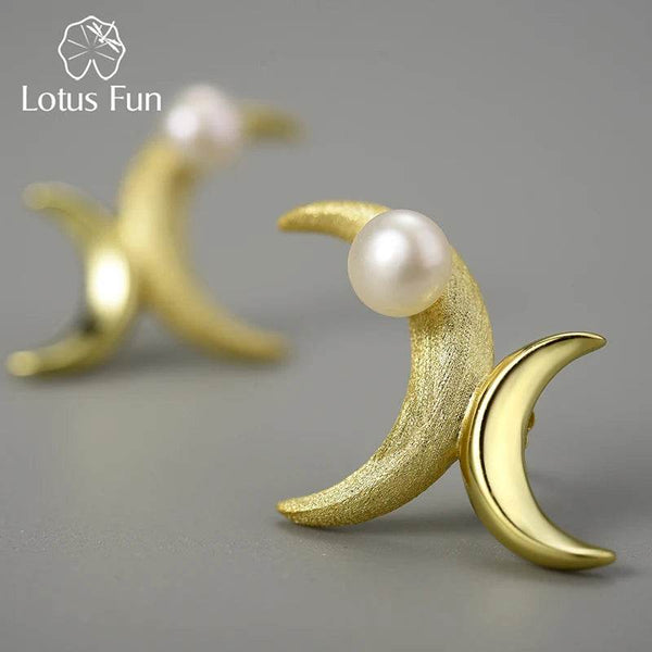Lotus Fun Natural Pearl 18K Gold Asymmetrical Double Moon Stud Earrings for Women High Quality 925 Sterling Silver Fine Jewelry