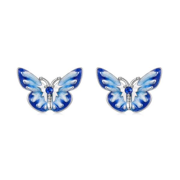 925 Sterling Silver Cute Blue Enamel Butterfly Stud Earrings, Hypoallergenic Gold Plated Stud Earrings Fine Jewelry Gifts