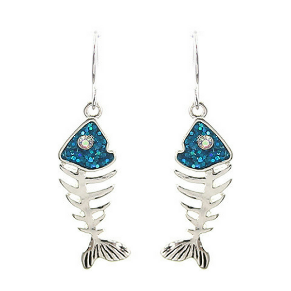 Silver & Blue Fish Bone Dangle Earrings with Rhinestone Accents