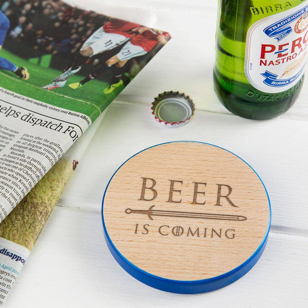 'Beer Is Coming' Coloured Edge Quote Coaster