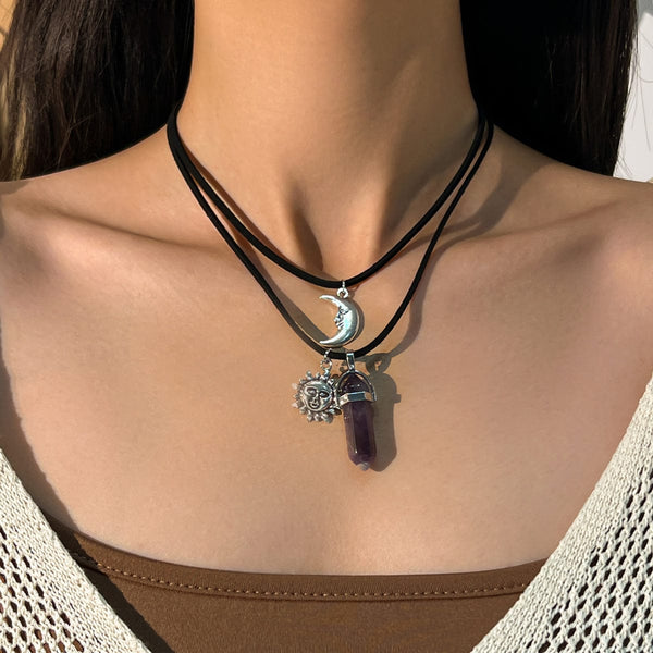 Boho 2pcs Healing Crystal Sun Moon Pendant Velvet Necklace Set
