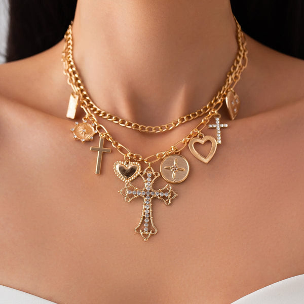 Chic Layered Rhinestone Inlaid Cross Heart Pendant Necklace