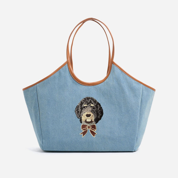 Custom Hand Embroidered Pet Face Denim Scoop Tote