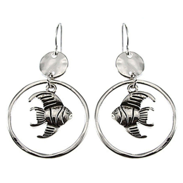 Hammered Silver Dangle Hoop Fish Earrings
