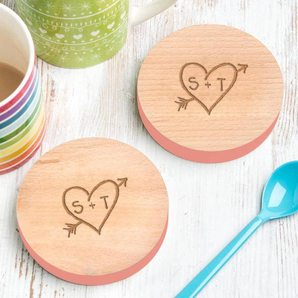 Personalised Set Of Two Carved Heart Coasters
