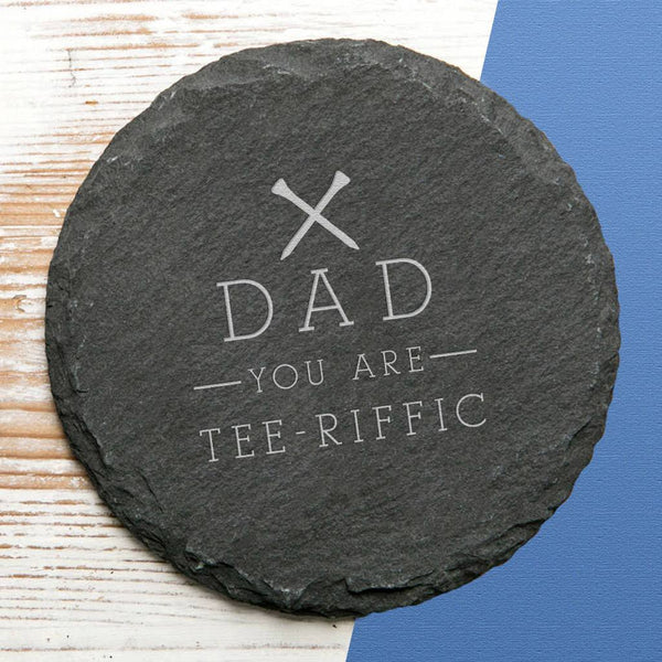 Personalised 'Tee-Riffic' Golf Pun Slate Coaster