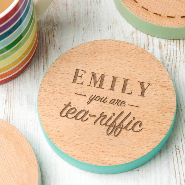 Personalised 'You Are Tea Riffic' Coloured Edge Coaster